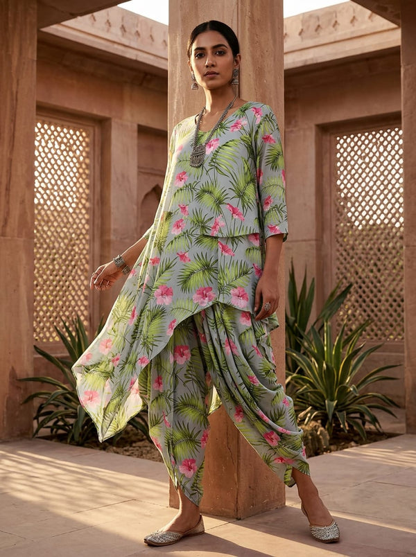 Multicolor Tropical Hibiscus and Palm Leaves Pure Muslin Digital Printed Fabric - Asymmetric Tunic with Dhoti Pants Lookbook - PM-0-TA0216-151 - alternate view