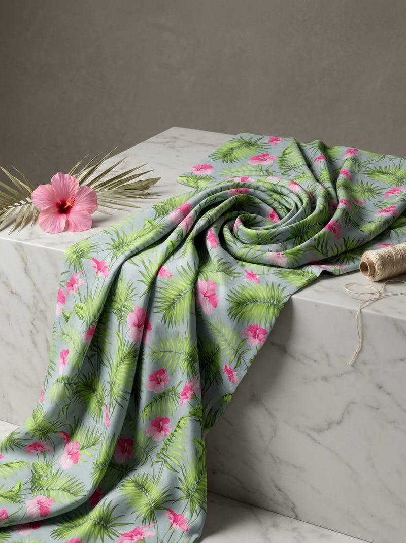 Blue Tropical Hibiscus and Palm Leaf Upada Silk Digital Printed Fabric