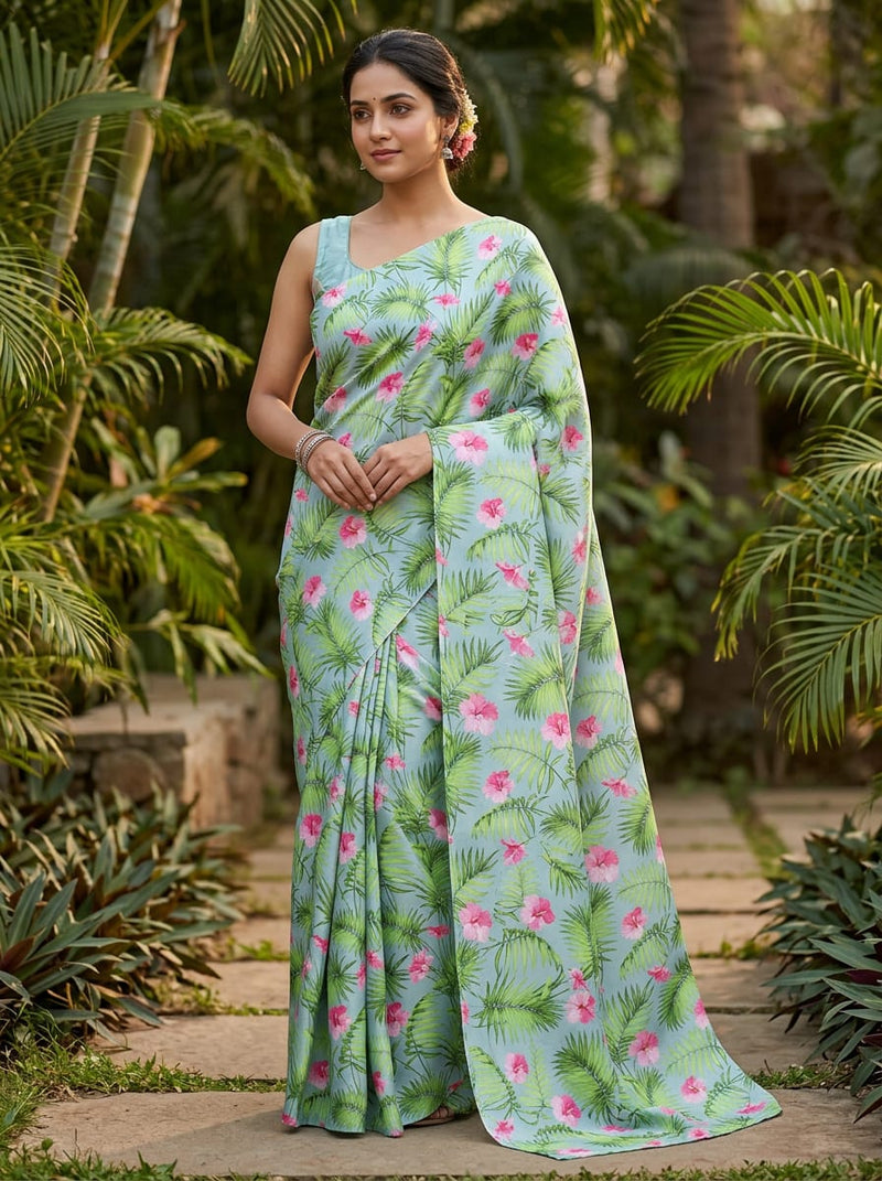 Blue Tropical Hibiscus and Palm Leaf Upada Silk Digital Printed Fabric