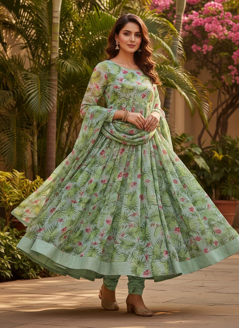 Tropical Leaves Pink Hibiscus Flower Digital Printed Fabric - Pure Georgette