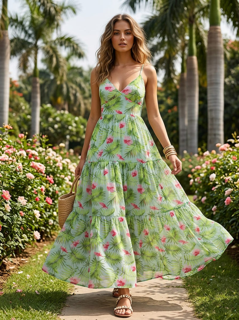 Green Tropical Palm and Hibiscus Floral Pure Georgette Digital Printed Fabric