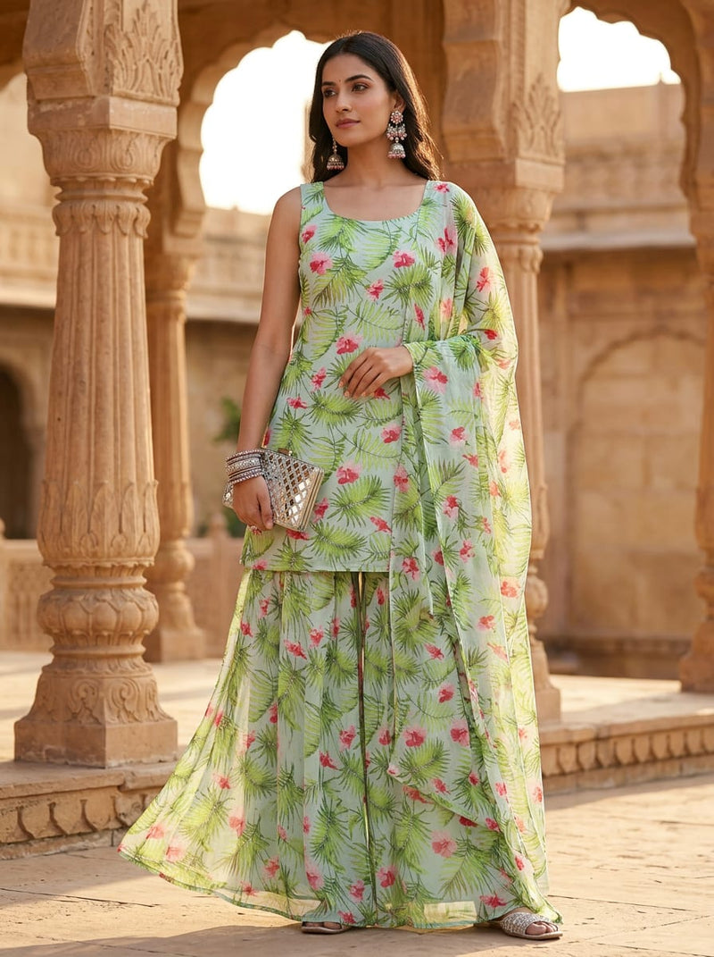 Green Tropical Palm and Hibiscus Floral Pure Georgette Digital Printed Fabric