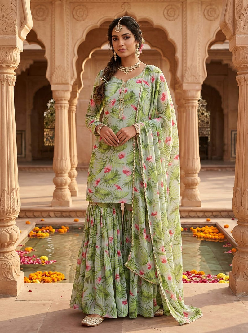 Green Tropical Palm and Hibiscus Floral Pure Georgette Digital Printed Fabric