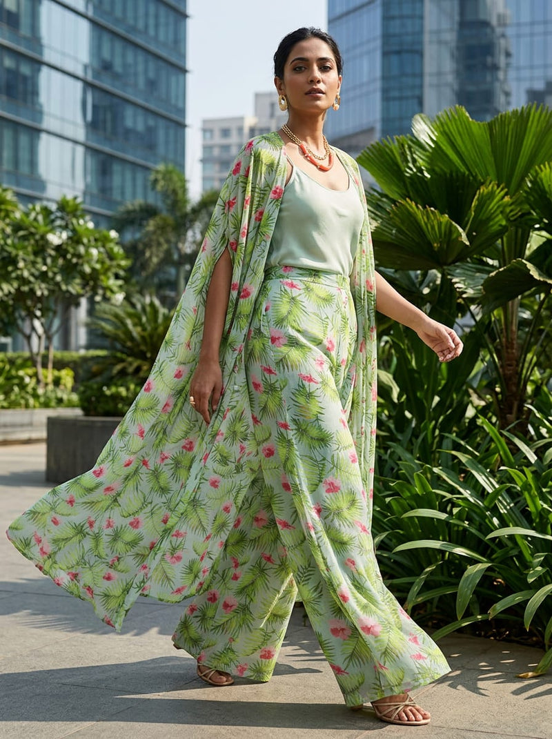Green Tropical Palm and Hibiscus Floral Pure Georgette Digital Printed Fabric