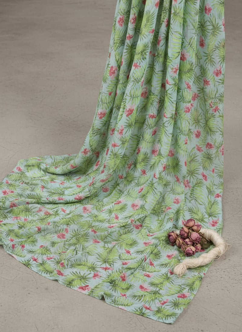 Tropical Leaves Pink Hibiscus Flower Digital Printed Fabric - Pure Georgette