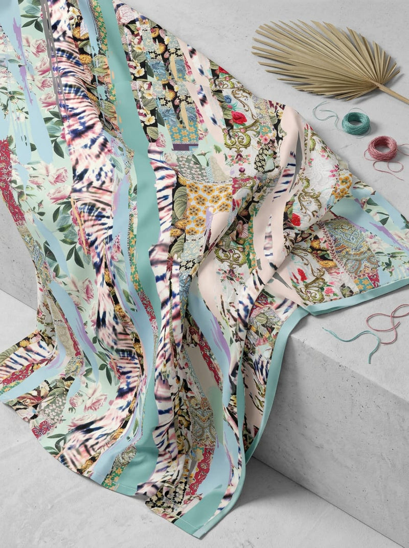 Multicolor Bohemian Patchwork Collage Weightless Digital Printed Fabric