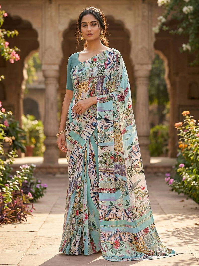 Multicolor Bohemian Patchwork Collage Weightless Digital Printed Fabric
