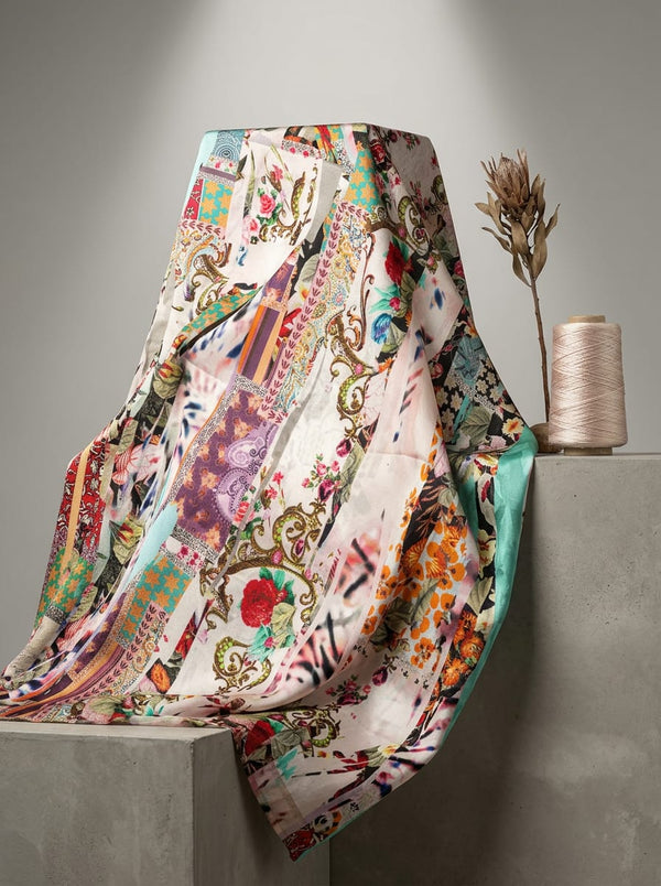 Multicolor Bohemian Patchwork Collage Upada Silk Digital Printed Fabric - Fabric Editorial Studio Flatlay Lookbook - US-0-TA0221-110