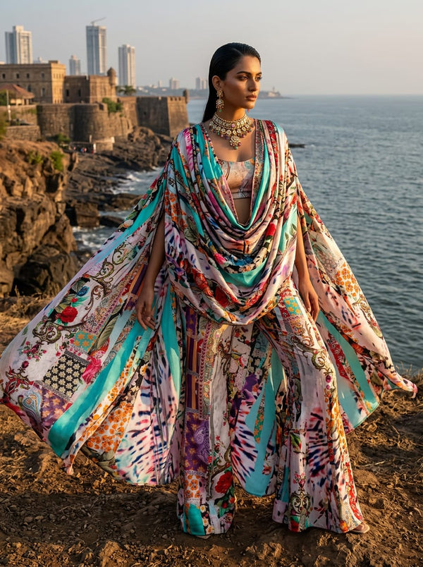 Multicolor Bohemian Patchwork Collage Upada Silk Digital Printed Fabric - Draped Cape with Flared Pants Lookbook - US-0-TA0221-110 - alternate view