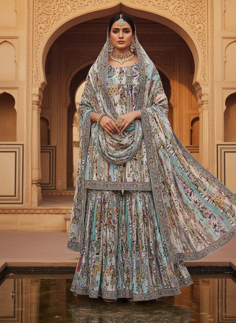 Watercolour Paint Art With Pattern Digital Printed Fabric - Pure Georgette