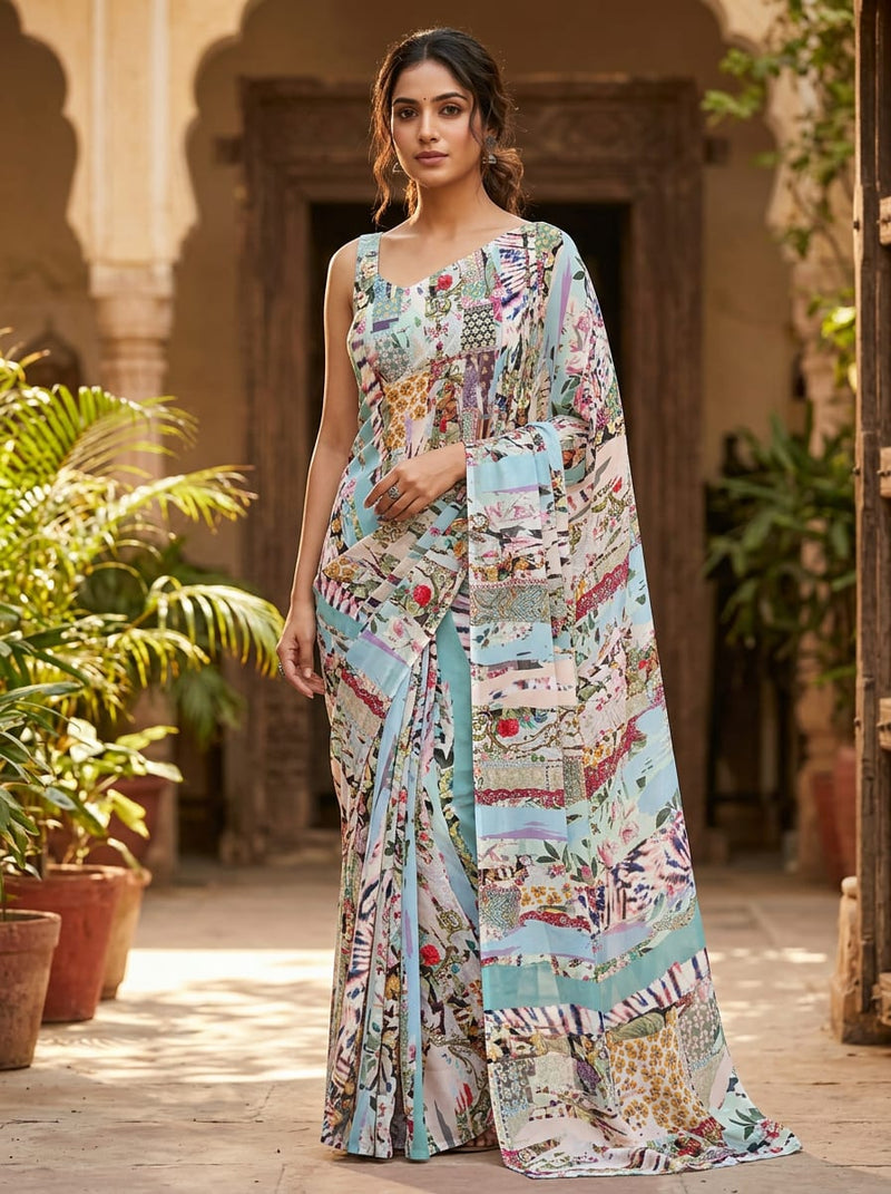 Multicolor Bohemian Patchwork Collage Print Pure Georgette Digital Printed Fabric