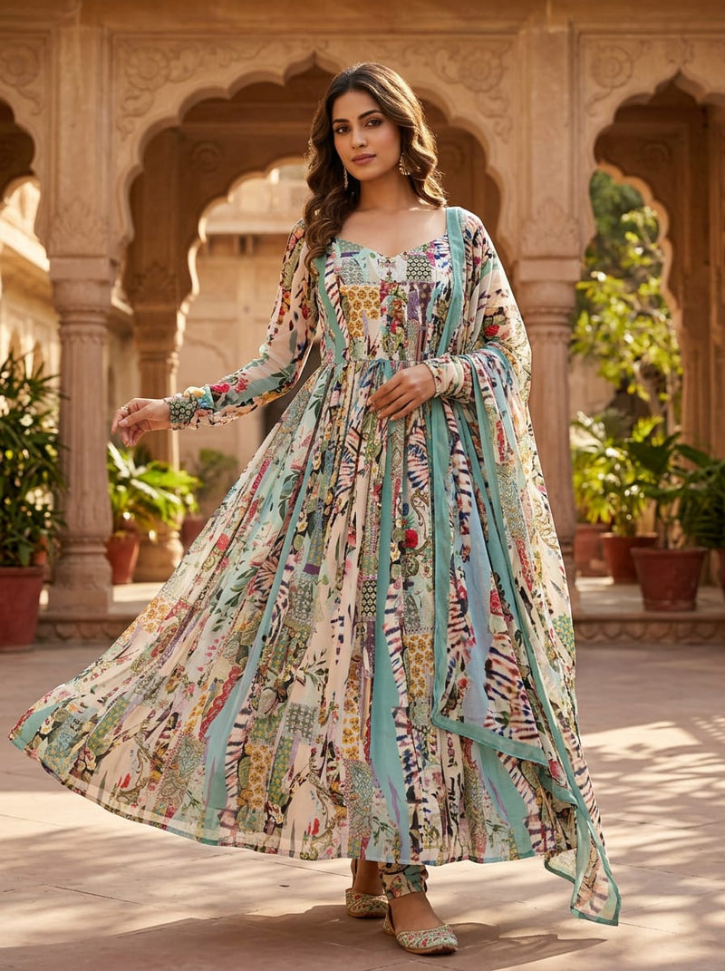 Multicolor Bohemian Patchwork Collage Print Pure Georgette Digital Printed Fabric