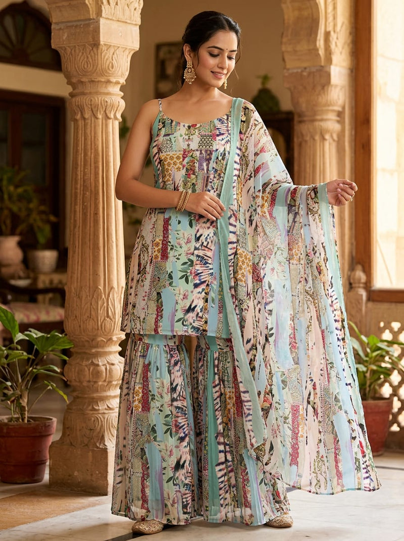 Multicolor Bohemian Patchwork Collage Print Pure Georgette Digital Printed Fabric