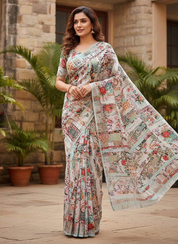 Multicolor Abstract Patchwork Collage Pure Chinon Digital Printed Fabric - Saree Lookbook - PC-0-TA0221-106 - alternate view