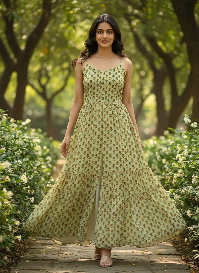 Green Small Floral Buti Weightless Digital Printed Fabric