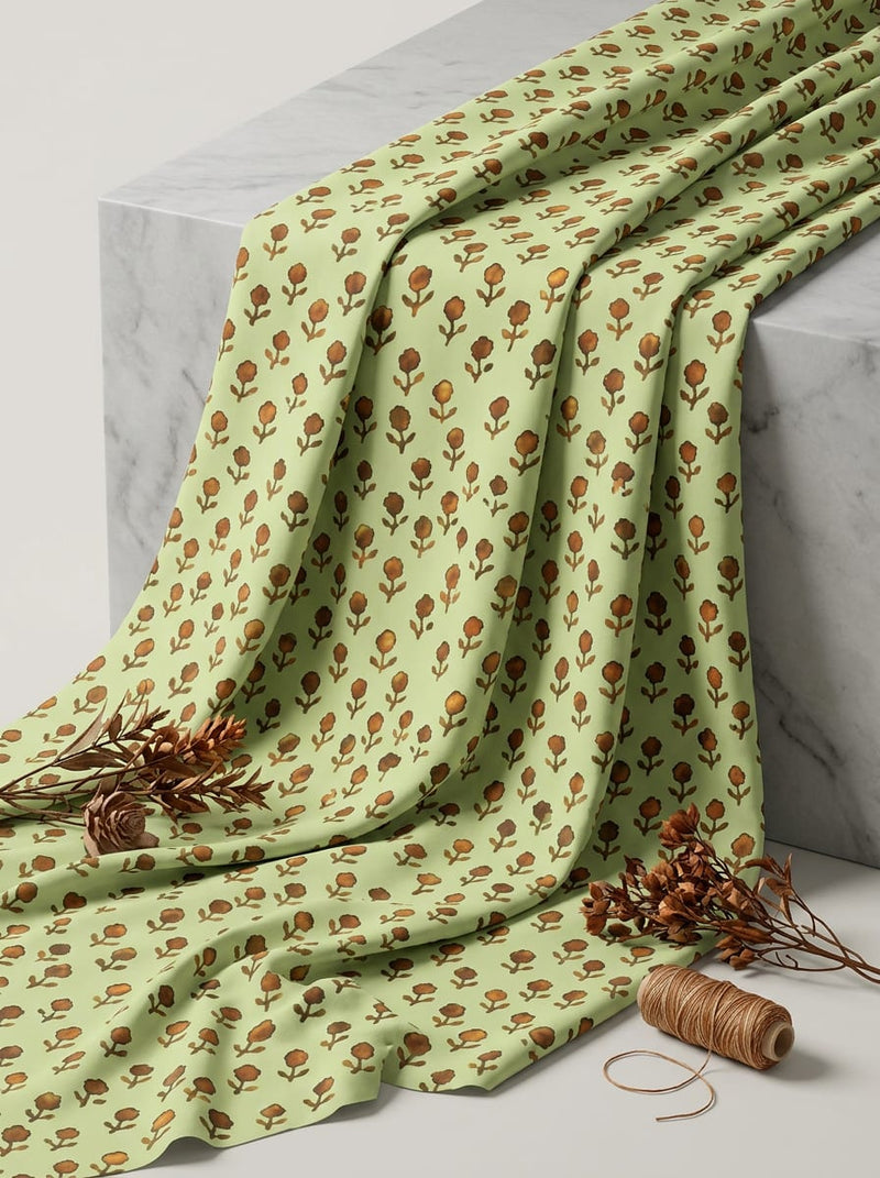 Green Ditsy Watercolor Floral Buti Pure Cotton Digital Printed Fabric