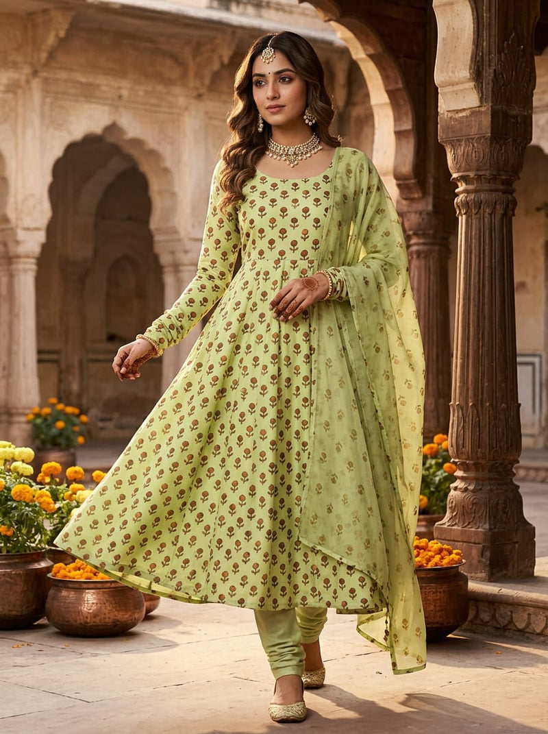 Green Ditsy Brown Floral Buti Upada Silk Digital Printed Fabric