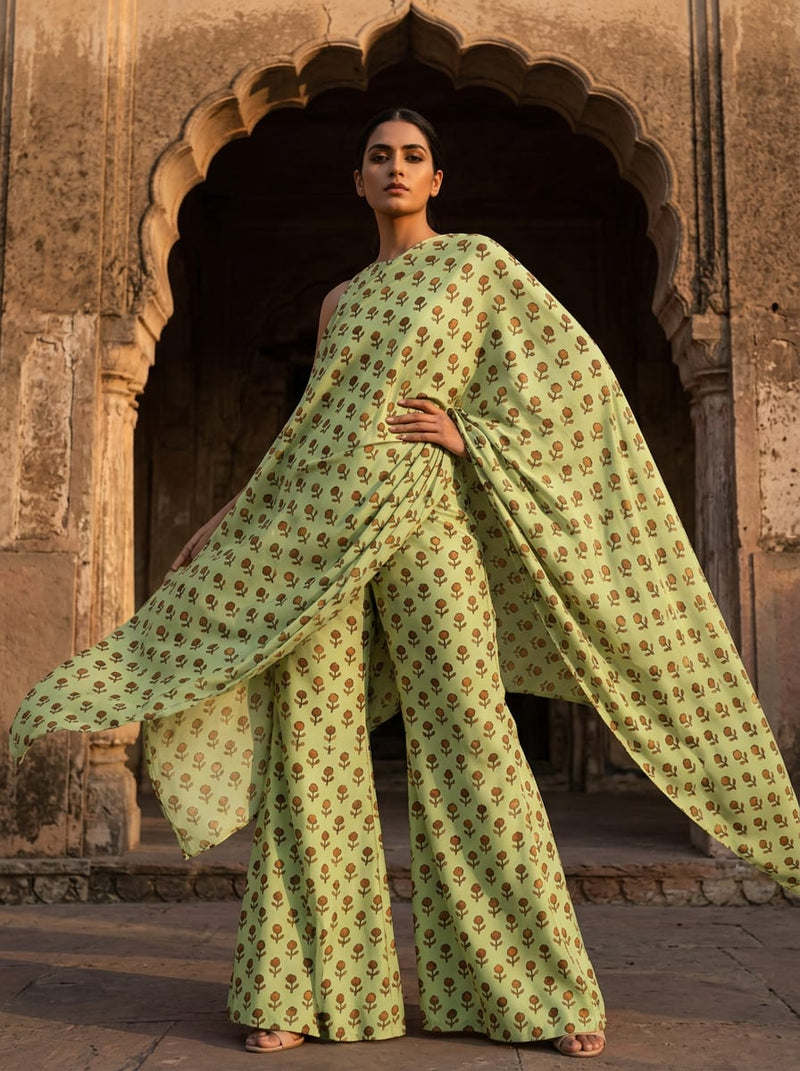 Green Ditsy Brown Floral Buti Upada Silk Digital Printed Fabric