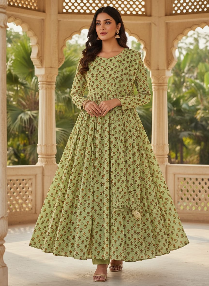 Green Ditsy Brown Floral Pure Georgette Digital Printed Fabric