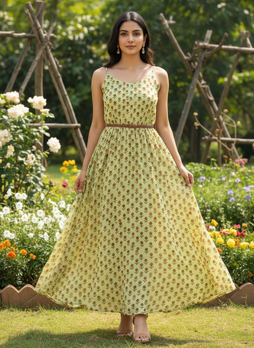 Green Ditsy Brown Floral Pure Georgette Digital Printed Fabric