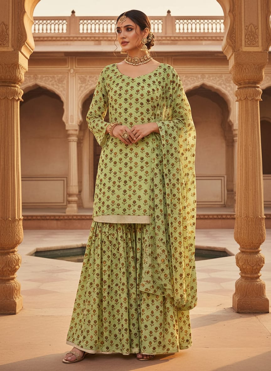 Green Ditsy Brown Floral Pure Georgette Digital Printed Fabric