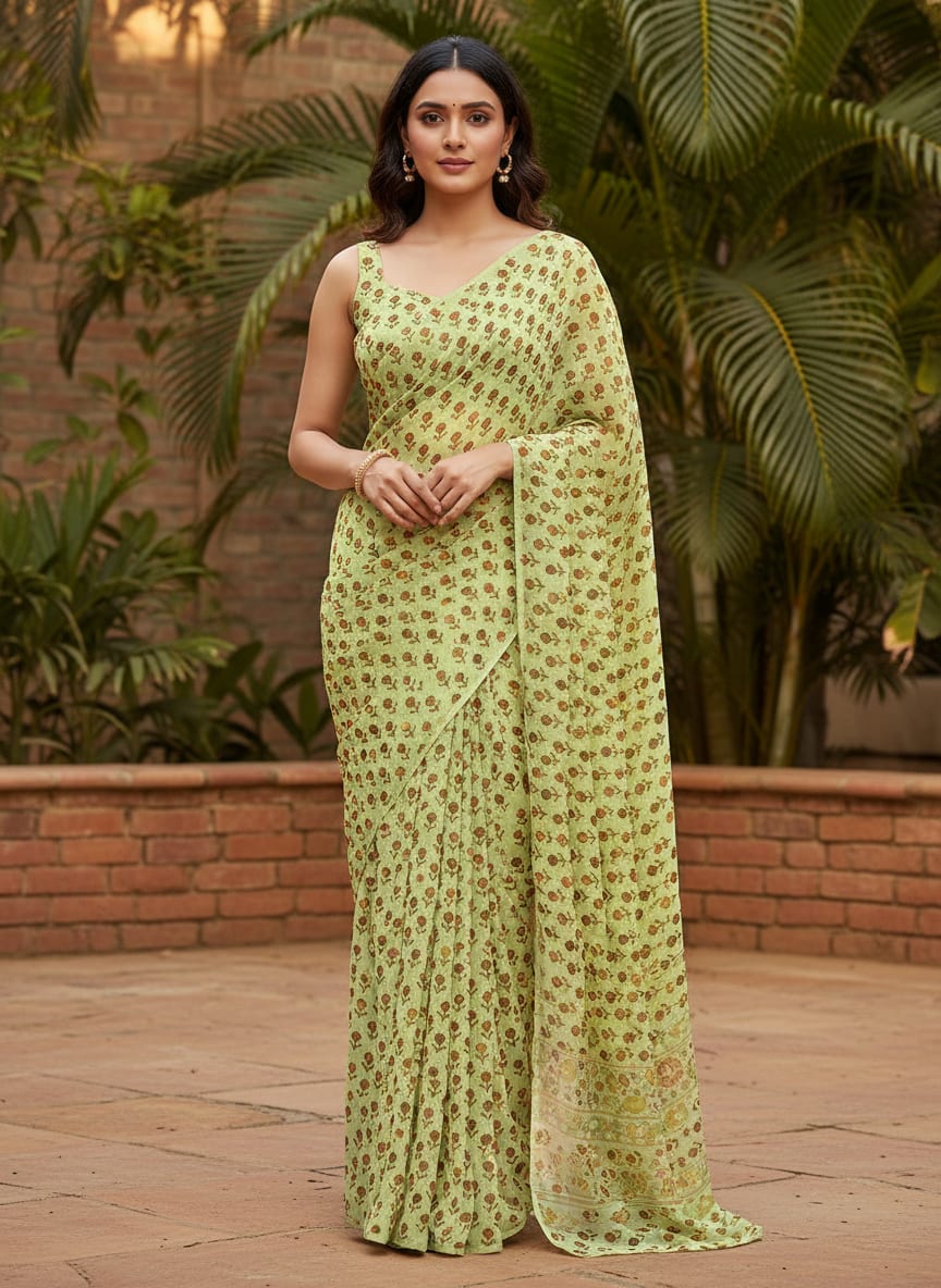 Green Ditsy Brown Floral Pure Georgette Digital Printed Fabric