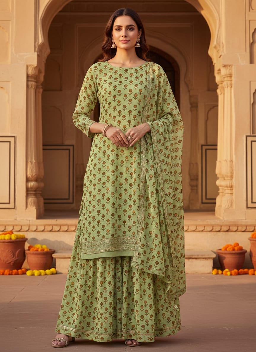 Green Ditsy Brown Floral Pure Georgette Digital Printed Fabric