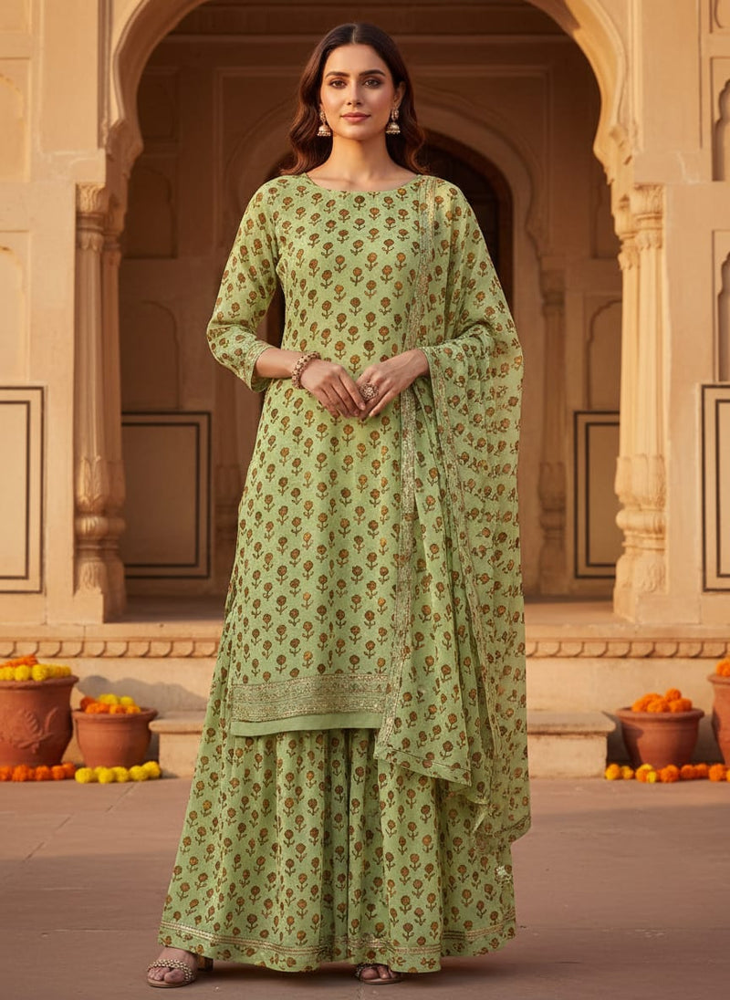 Green Ditsy Brown Floral Pure Georgette Digital Printed Fabric