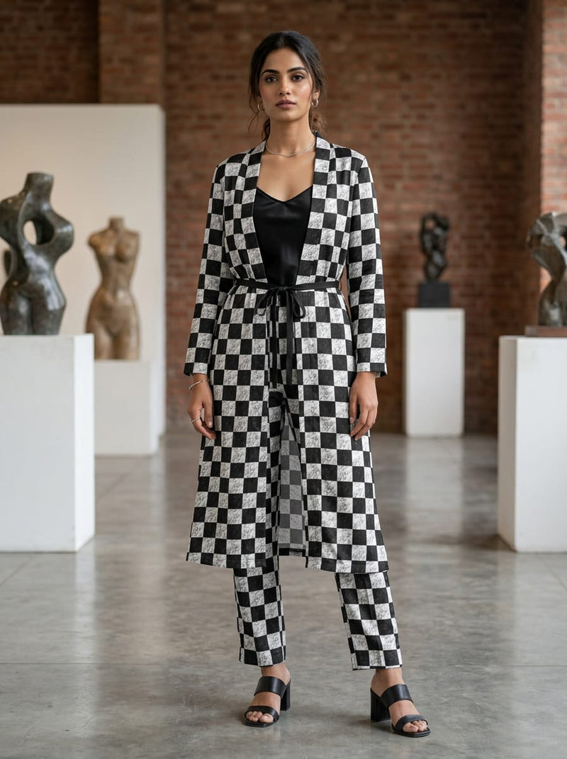 Black Marbled Checkerboard Pattern Kora Silk Digital Printed Fabric