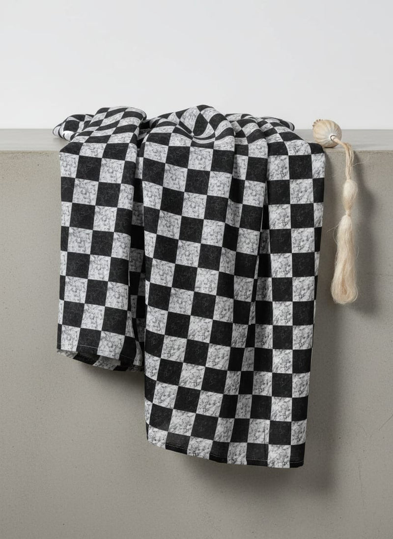 Smoky Black And White Cheques Colour Digital Printed Fabric - Weightless