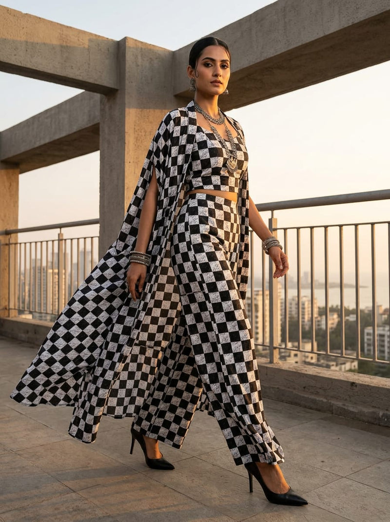 Black Marble Textured Checkered Weightless Digital Printed Fabric