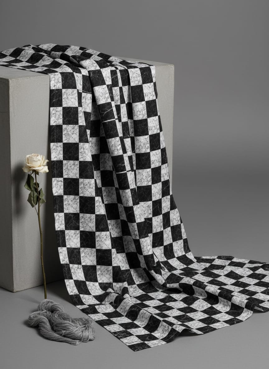 Black Marble Texture Checkered Pure Cotton Digital Printed Fabric