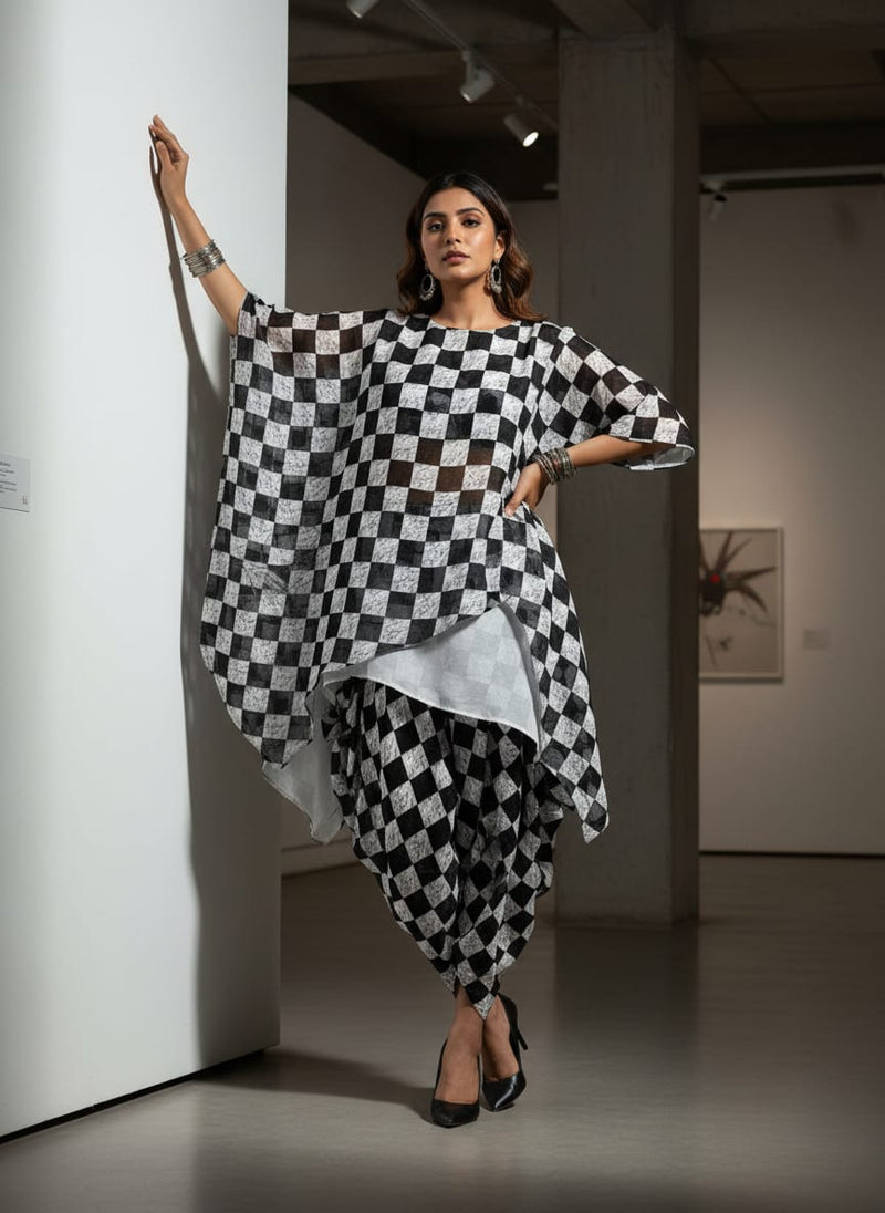 Smoky Black And White Cheques Colour Digital Printed Fabric - Pure Muslin