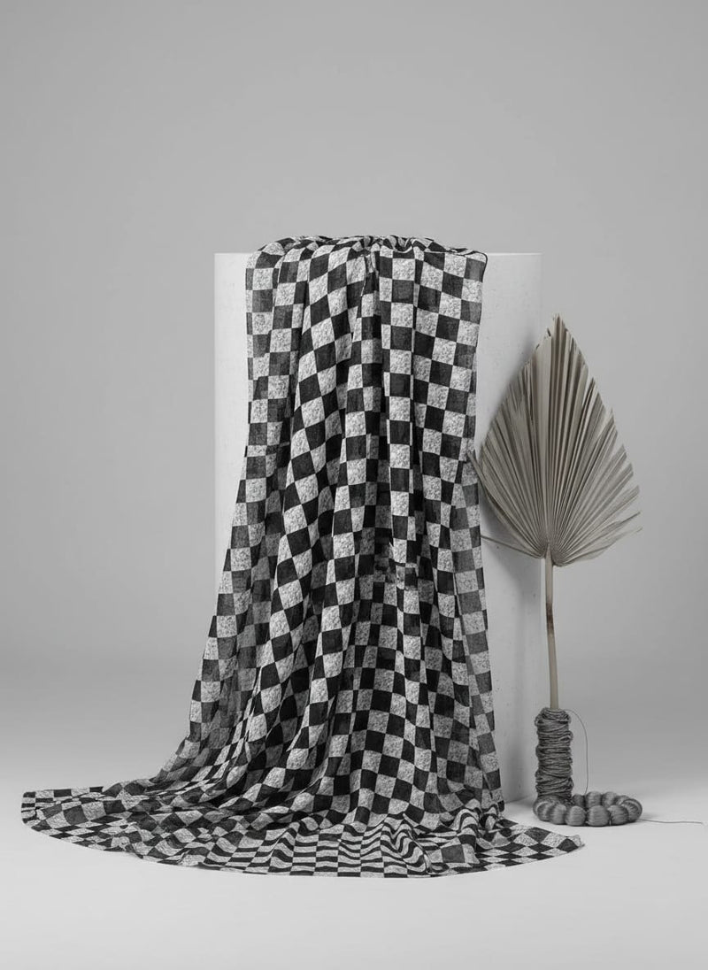 Smoky Black And White Cheques Colour Digital Printed Fabric - Pure Muslin