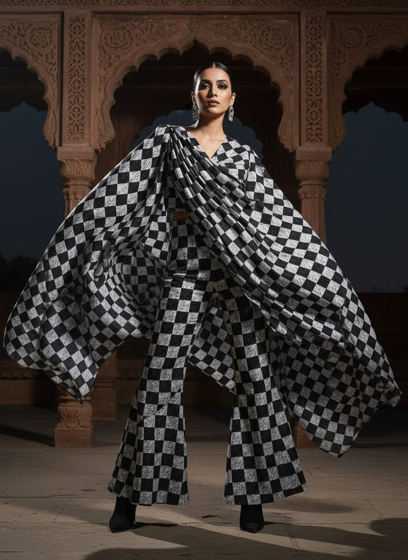 Smoky Black And White Cheques Colour Digital Printed Fabric - Upada Silk