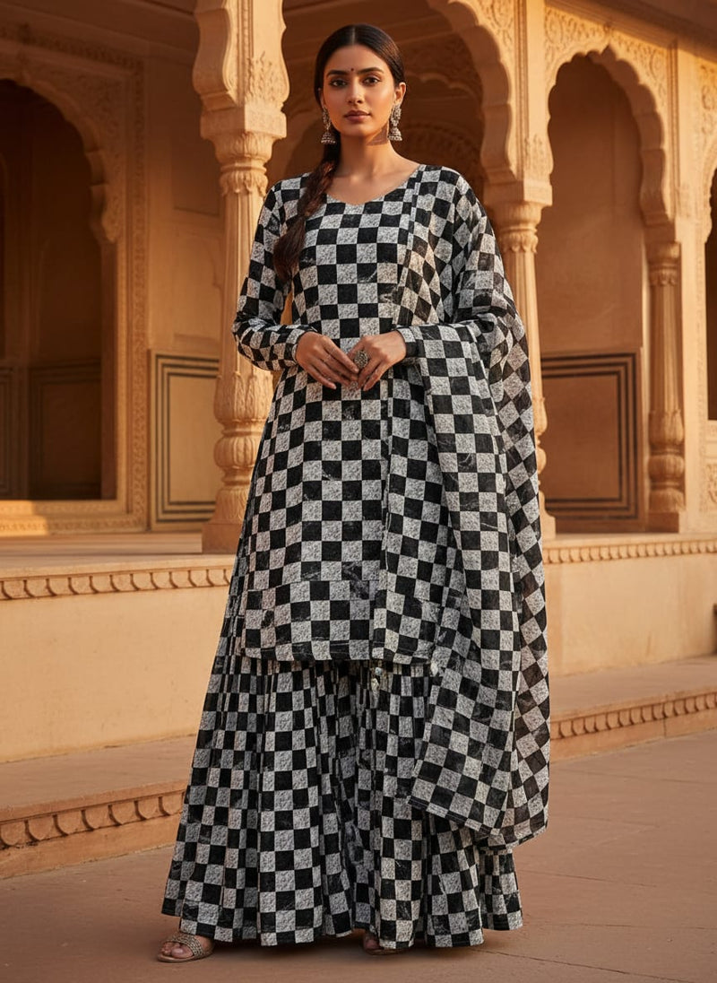 Smoky Black And White Cheques Colour Digital Printed Fabric - Upada Silk