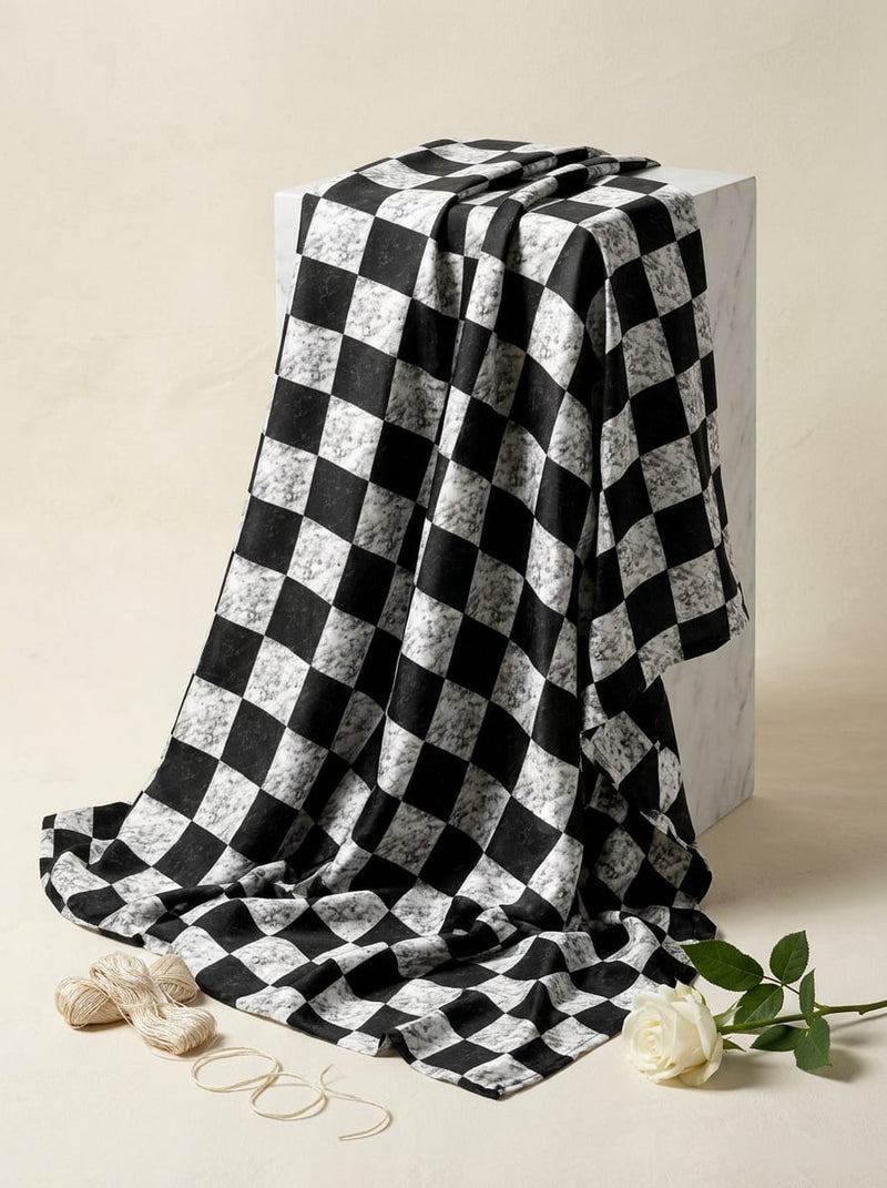 Black and White Marbled Checkerboard Pattern Upada Silk Digital Printed Fabric