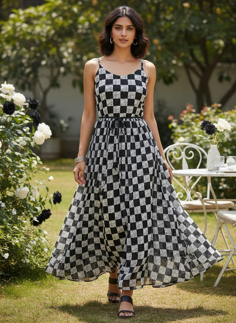 Smoky Black And White Cheques Colour Digital Printed Fabric - Pure Georgette