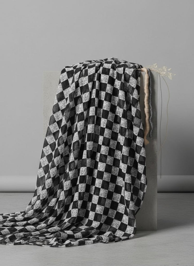 Smoky Black And White Cheques Colour Digital Printed Fabric - Pure Georgette