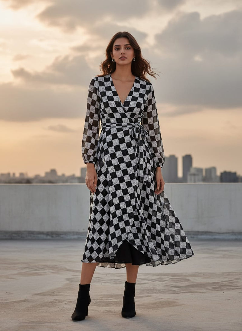 Smoky Black And White Cheques Colour Digital Printed Fabric - Pure Georgette