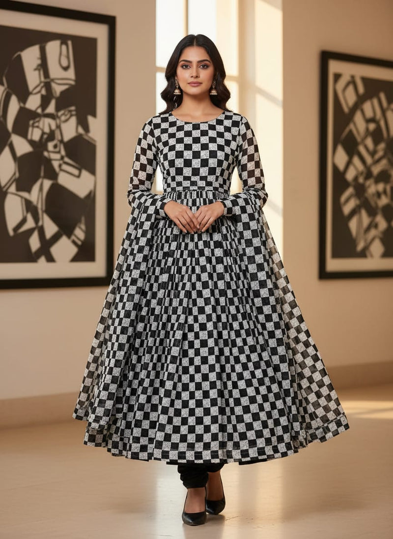 Smoky Black And White Cheques Colour Digital Printed Fabric - Pure Georgette