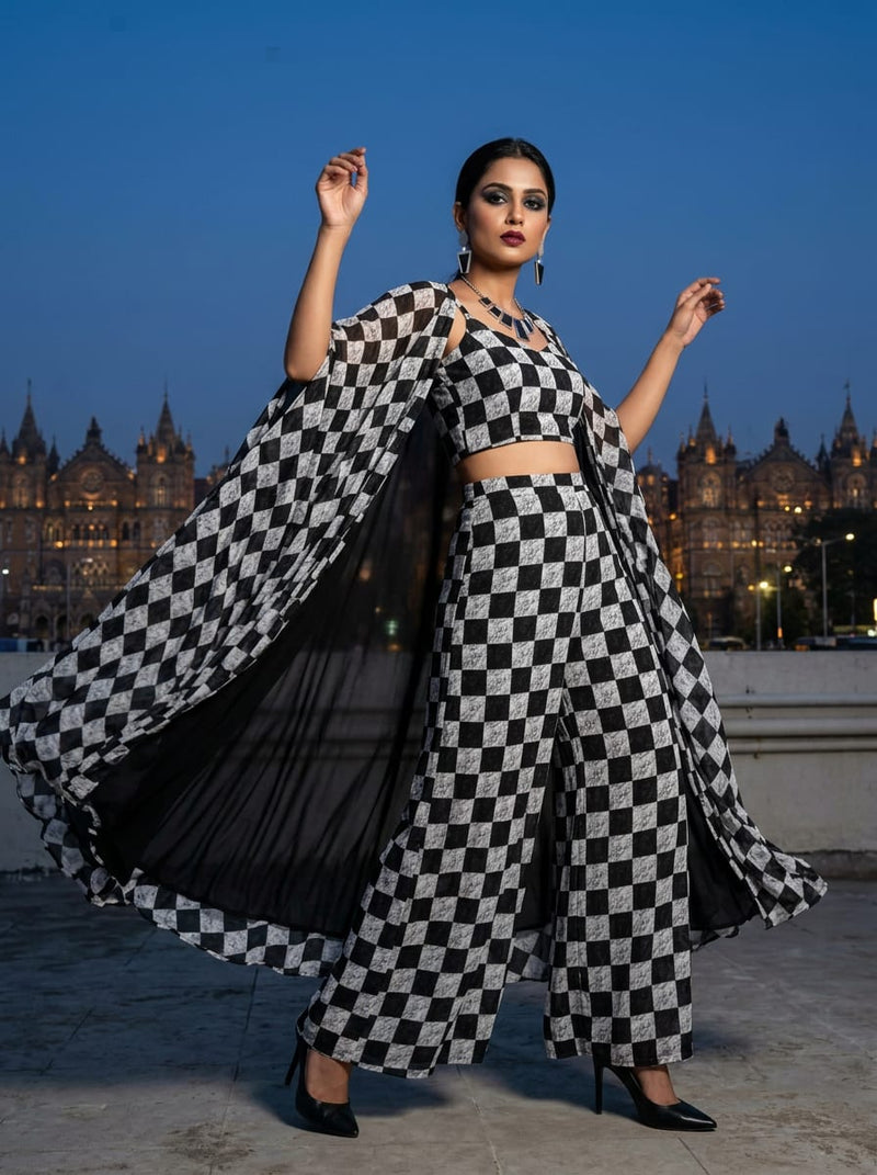 Black and White Marble Texture Checkerboard Pure Georgette Digital Printed Fabric