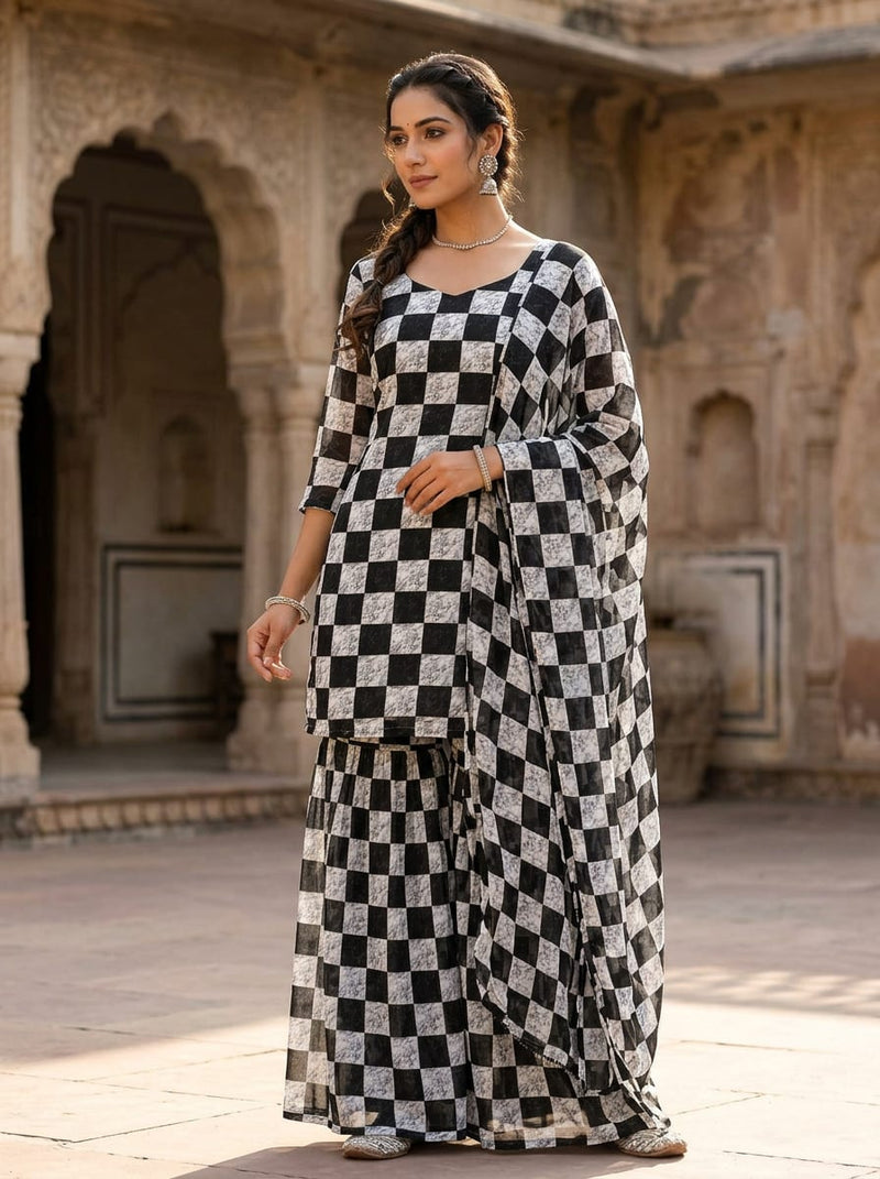 Black and White Marble Texture Checkerboard Pure Georgette Digital Printed Fabric