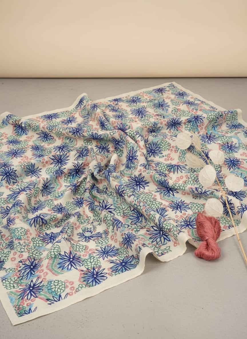 Multicolor Abstract Sketchy Floral Kora Silk Digital Printed Fabric