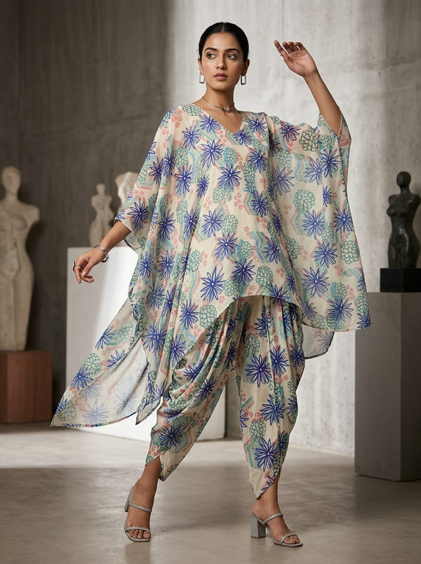 Multicolor Artistic Sketchy Floral Pure Muslin Digital Printed Fabric - Asymmetric Tunic with Dhoti Pants Lookbook - PM-0-TA0265-151 - alternate view