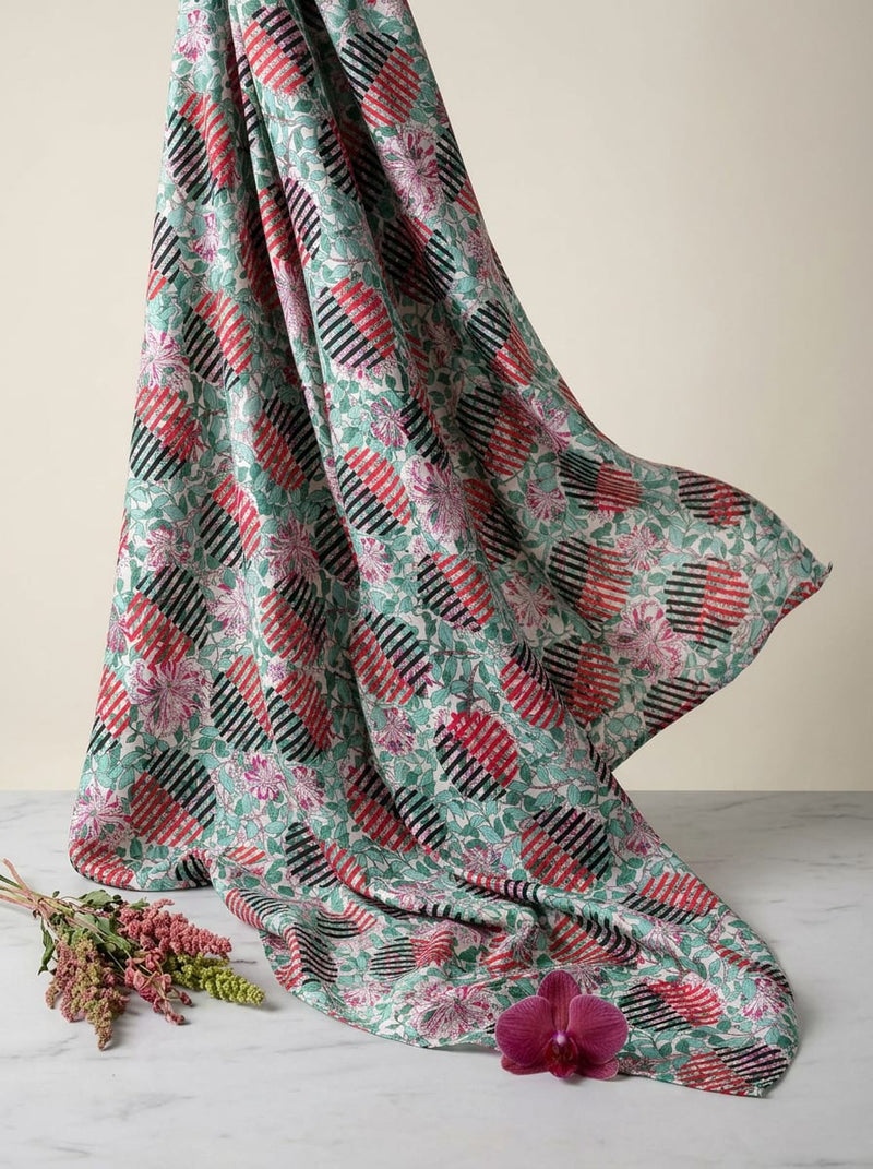 Multicolor Striped Geometric and Floral Kora Silk Digital Printed Fabric