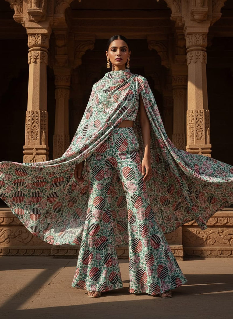 Multicolor Geometric Striped Circles and Floral Upada Silk Digital Printed Fabric