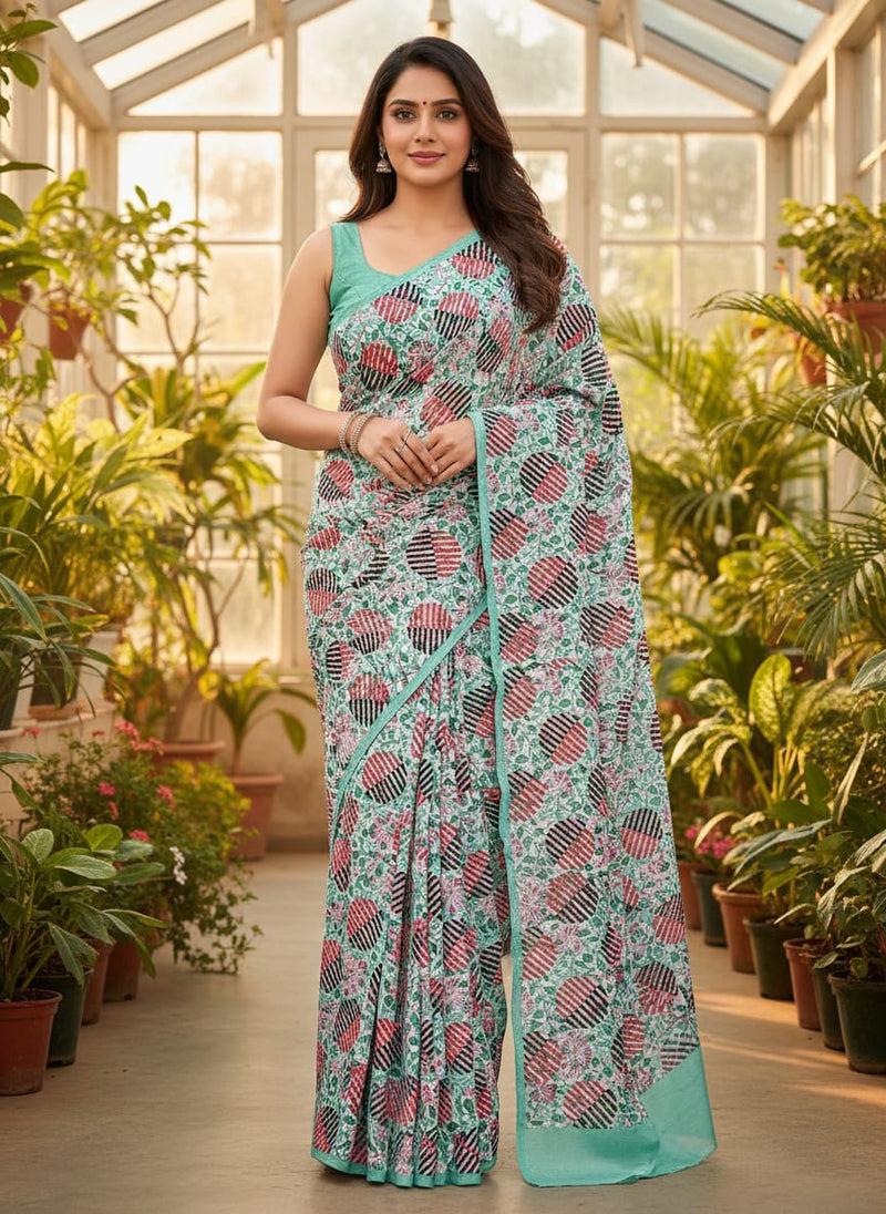 Multicolor Geometric Striped Circles and Floral Upada Silk Digital Printed Fabric