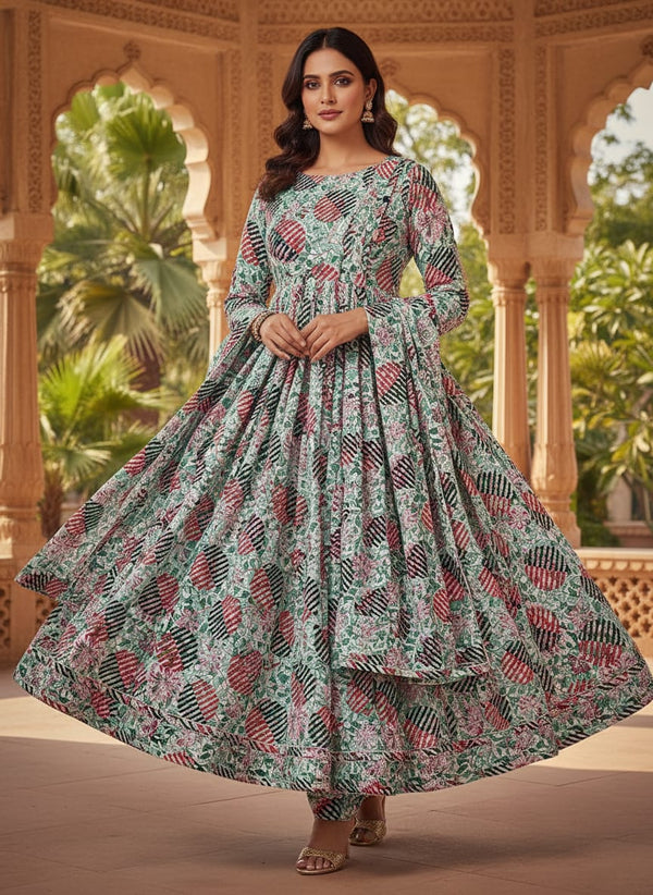 Multicolor Geometric Striped Circles and Floral Upada Silk Digital Printed Fabric - Anarkali Kurta Set Lookbook - US-0-TA0266-110 - alternate view