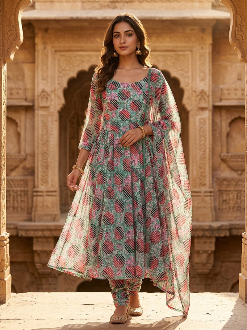 Multicolor Geometric Striped Circles and Floral Pure Georgette Digital Printed Fabric